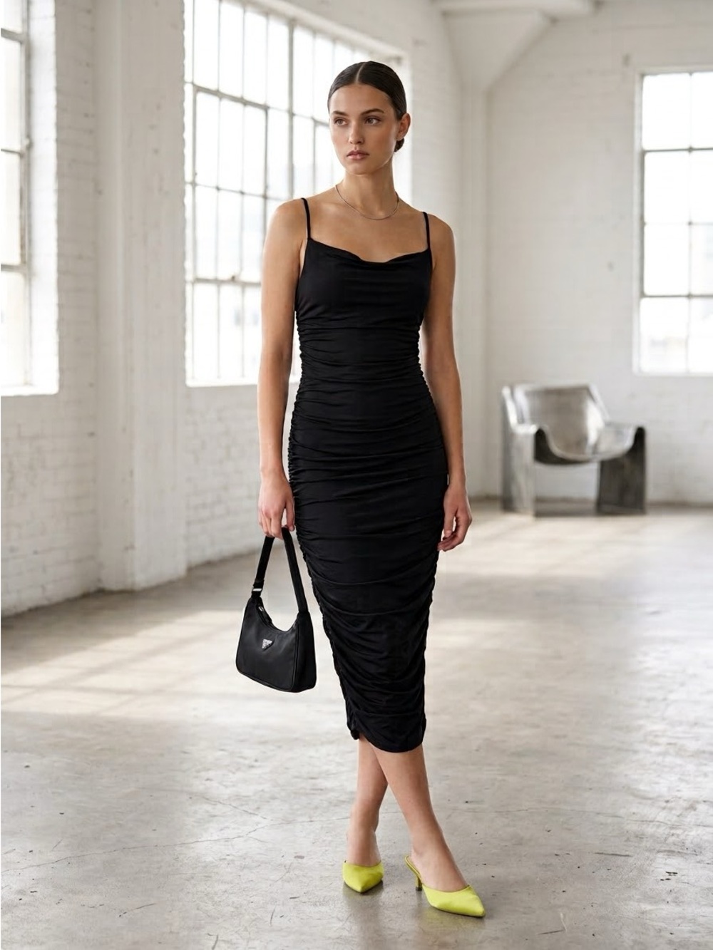 Vintage Y2K Sabora Black Ruched Jersey Bodycon Slip Midi Dress - Large